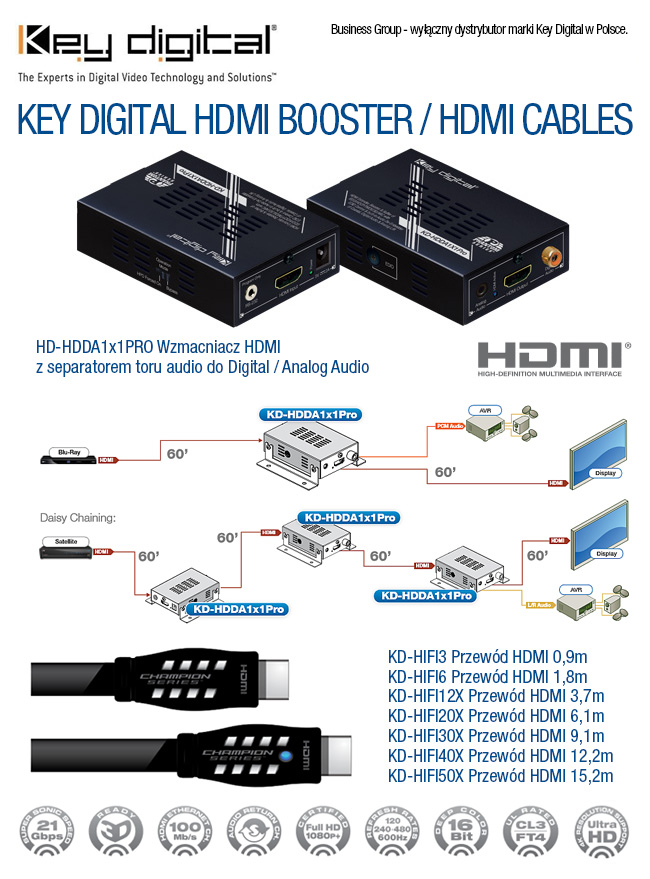 Key Digital - Wzmacniacz sygnału HDMI z separatorem audio KD-HDDA1x1Pro